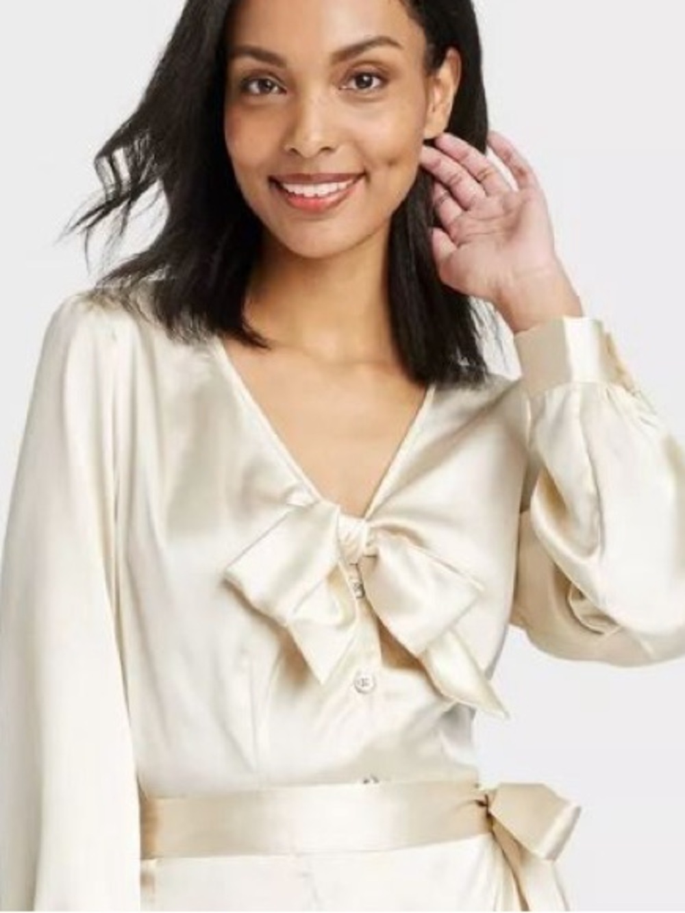 House of Aama Satin Bow Tie Blouse Medium Ivory